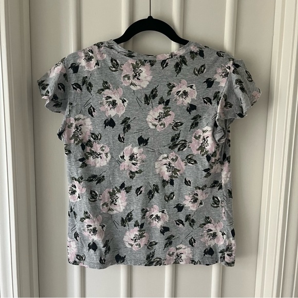 Rebecca Taylor Floral Ruffle Sleeve Grey Top - Picture 3 of 5